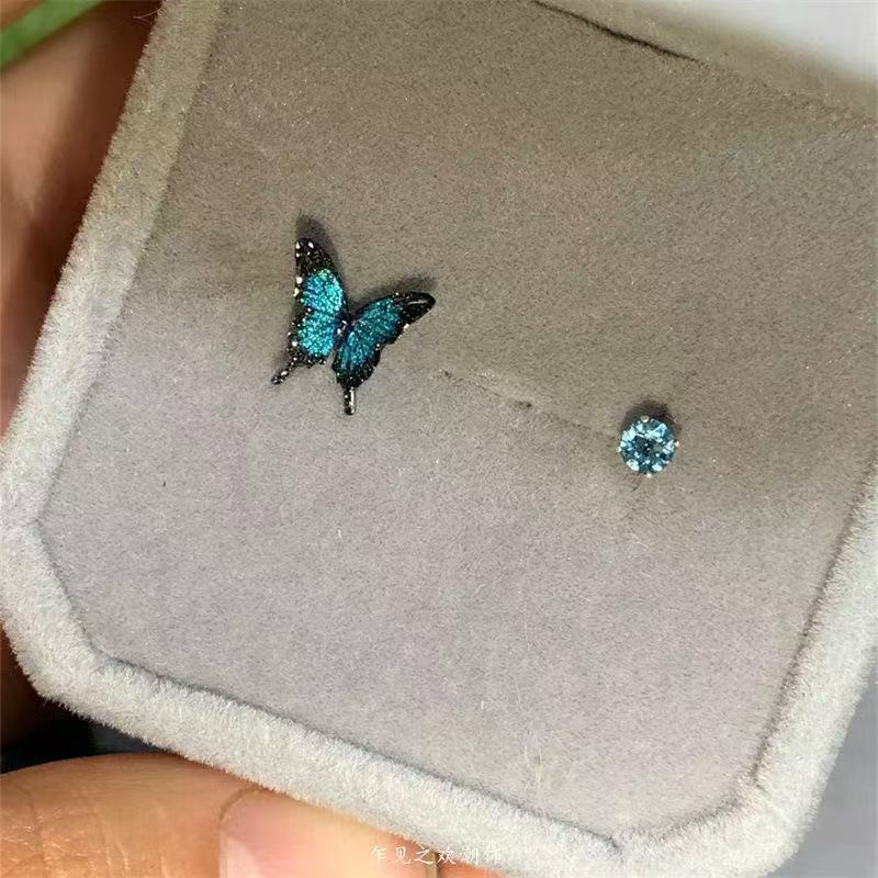 Fairy Purple and Blue Butterfly Rhinestone Asymmetrical Stud Earrings Dark Goth Insect Earrings Women Fashion Jewelry