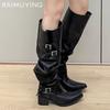 Острый носок грубые женские высокие сапоги на среднем каблуке кожаные модные сексуальные зимние туфли 2025 трендовые готические туфли-лодочки до колена Botas De Mujer
