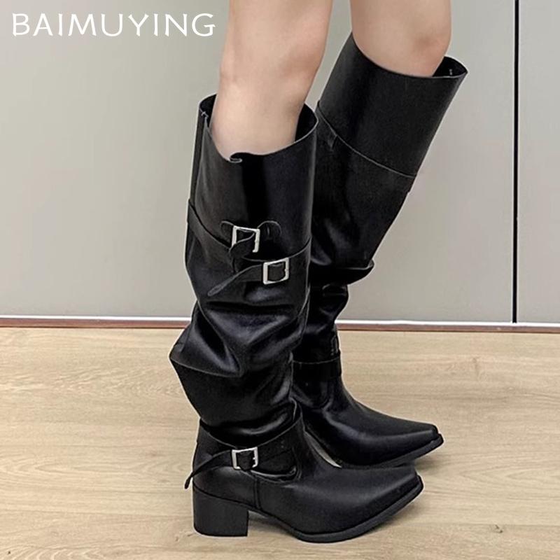 Острый носок грубые женские высокие сапоги на среднем каблуке кожаные модные сексуальные зимние туфли 2025 трендовые готические туфли-лодочки до колена Botas De Mujer