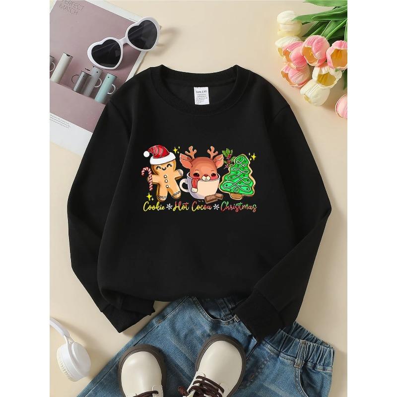 Cookie Hot Cocoa Christmas Reindeer Tree Girls' Crewneck Sweatshirt | Autumn and Winter Western Style Top