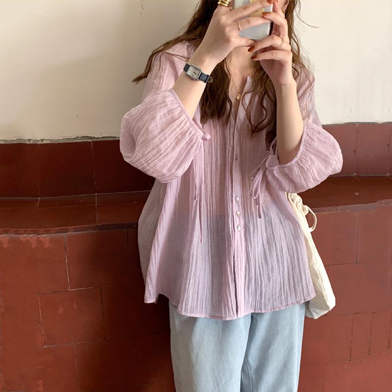 Женская летняя рубашка из тенселя с защитой от солнца 2020 - рукав-фонарик, повседневная, свободного кроя, плиссированный дизайн