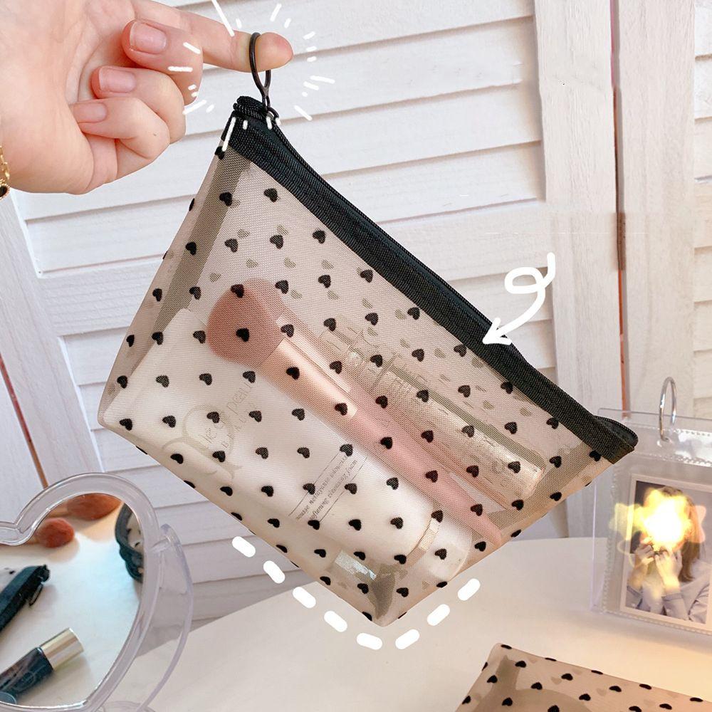 Cute Fashion Mesh Portable Zipper Toiletry Bag Pen Case Makeup Bags Pencil Pouch Cosmetic Bag