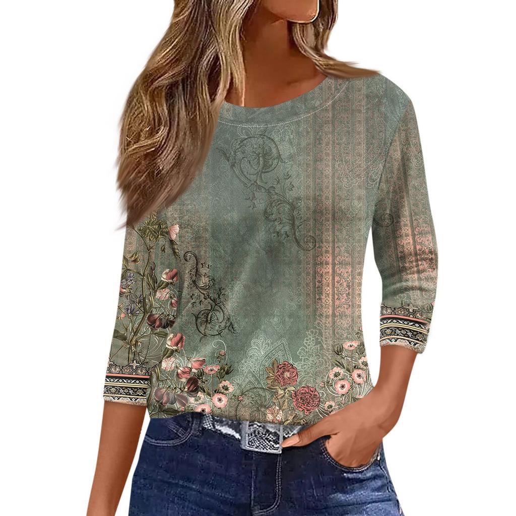 3/4 Length Sleeve Womens Tops Floral Print Vintage Fashion Casual Loose With Round Neck Plus Size Shirts