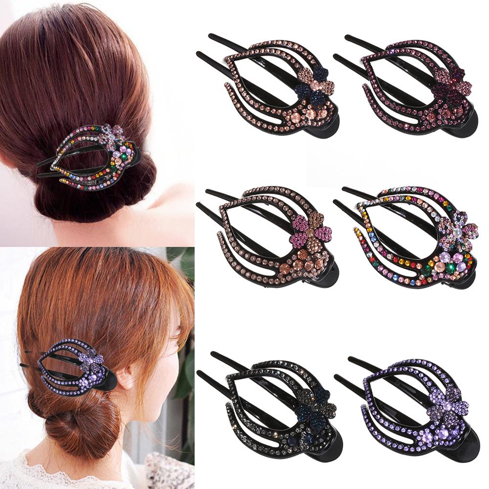 Women Flexible Styling Tool Hairpins Heart Flower Rhinestone Hair Clip Hollow Claws Acrylic
