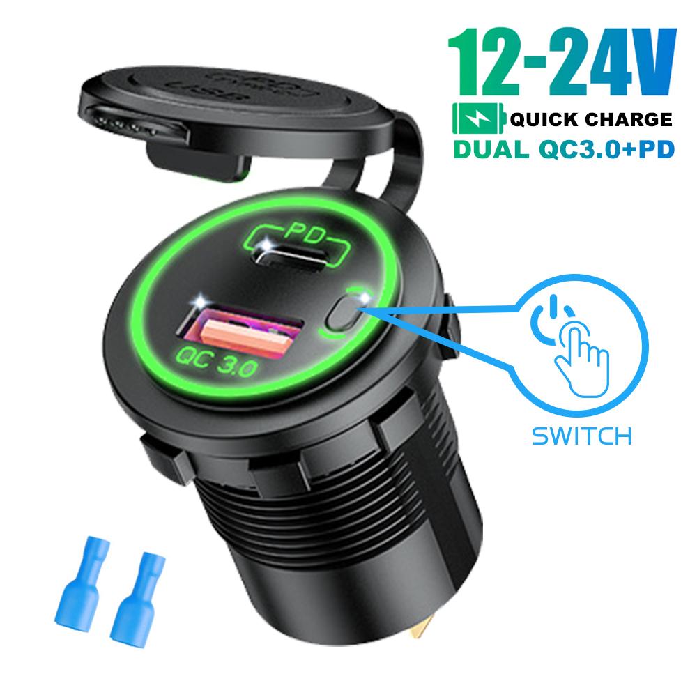 Двухпортовый USB-порт типа C для автомобиля, мотоцикла, лодки, зарядное устройство, QC 3,0 PD, автоматический адаптер питания с быстрой зарядкой и переключателем включения/выключения, 12-24 В, универсальный синий свет