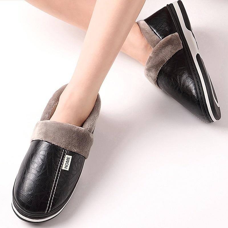 Новые мужские зимние домашние тапочки, осенняя нескользящая домашняя обувь для мужчин, кожаная домашняя обувь, водонепроницаемые теплые тапочки