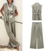 Весенний новый костюм-двойка с поясом Льняной жилет 7768023 Брюки с высокой посадкой и широкими штанинами 7740102