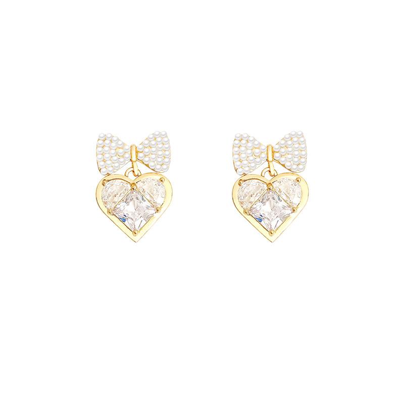 Silver needle retro bow pearl stud earrings women's high-end sense super flash zircon love earrings sweet temperament ear jewelry