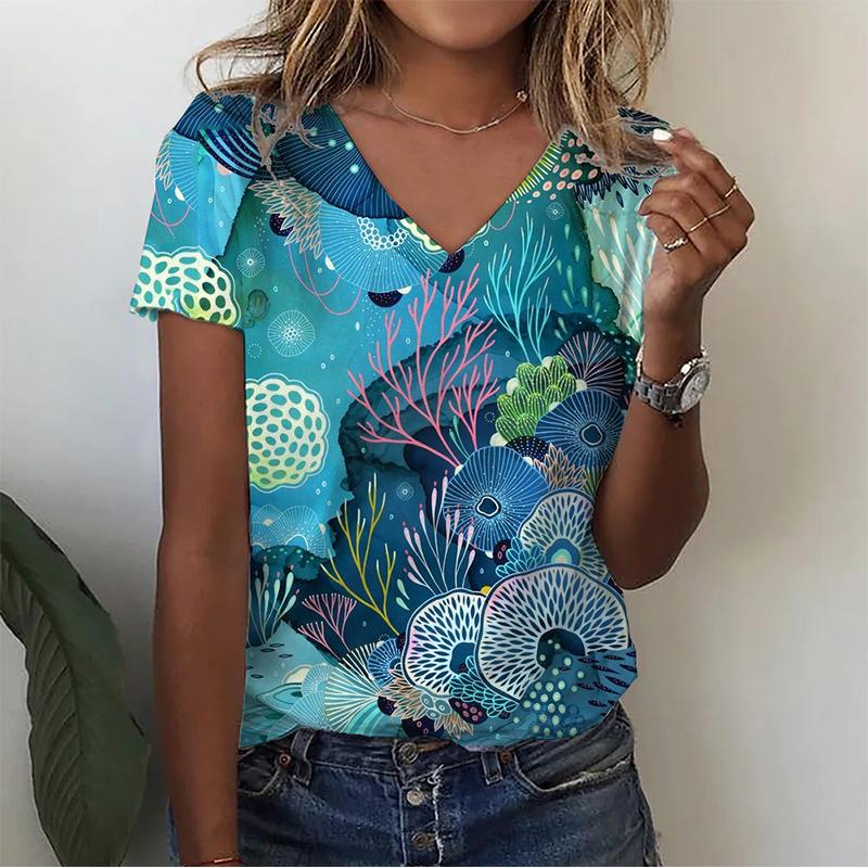 Summer V-neck 3D Infauna Printed Top Fashionable Casual Short Sleeved Women's T-shirts