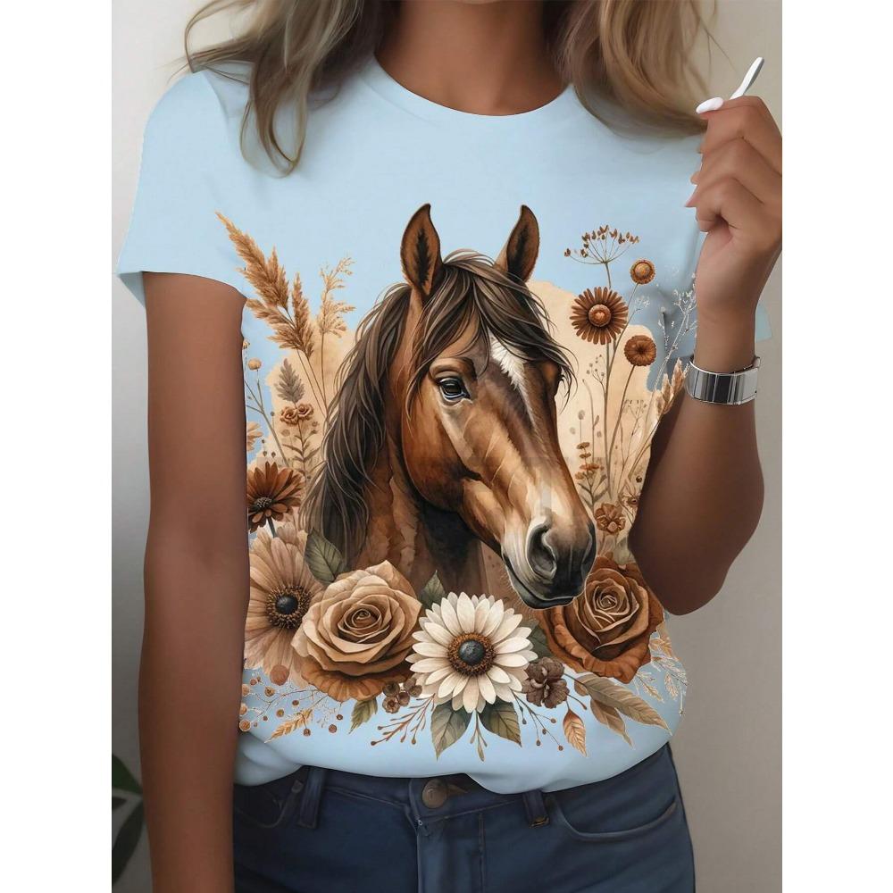Women's Short Sleeve Round Neck T-Shirt, Summer Graphic Tees Women Tops