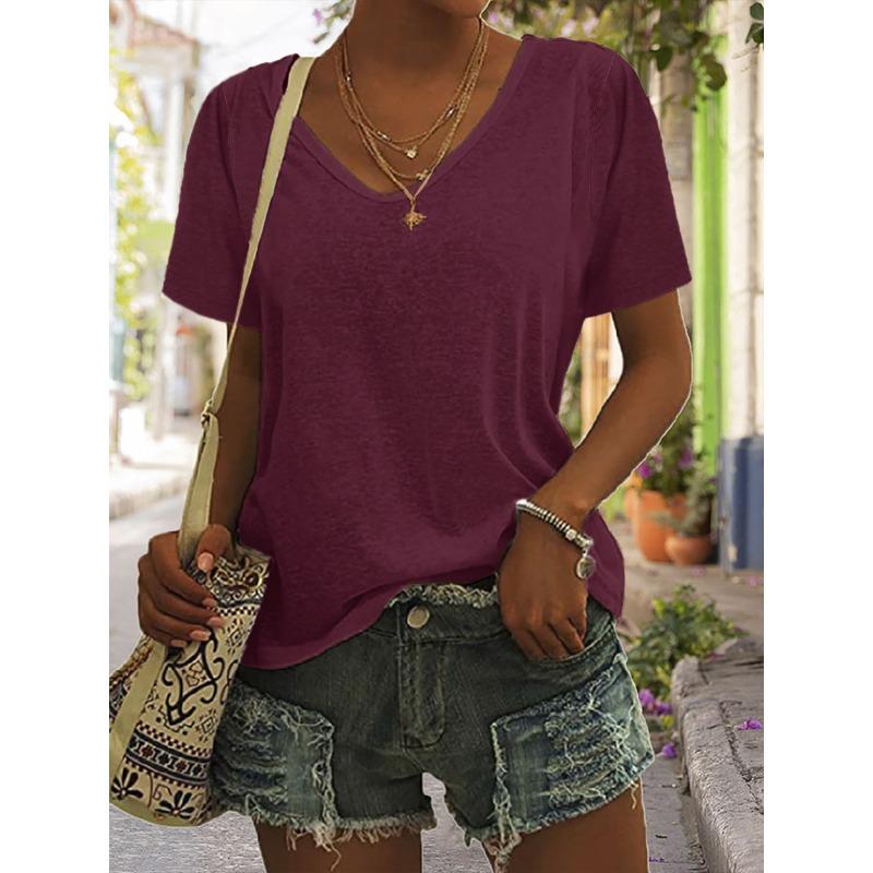 YYFS Женские модные повседневные летние весенние однотонные блузки и рубашки с v-образным вырезом и короткими рукавами с принтом