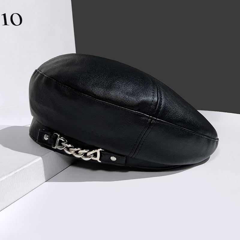 Chain Leather Berets Hat Female Autumn Winter Vintage Octagonal Casual Elegant Party Outdoor Painter Hat for Women