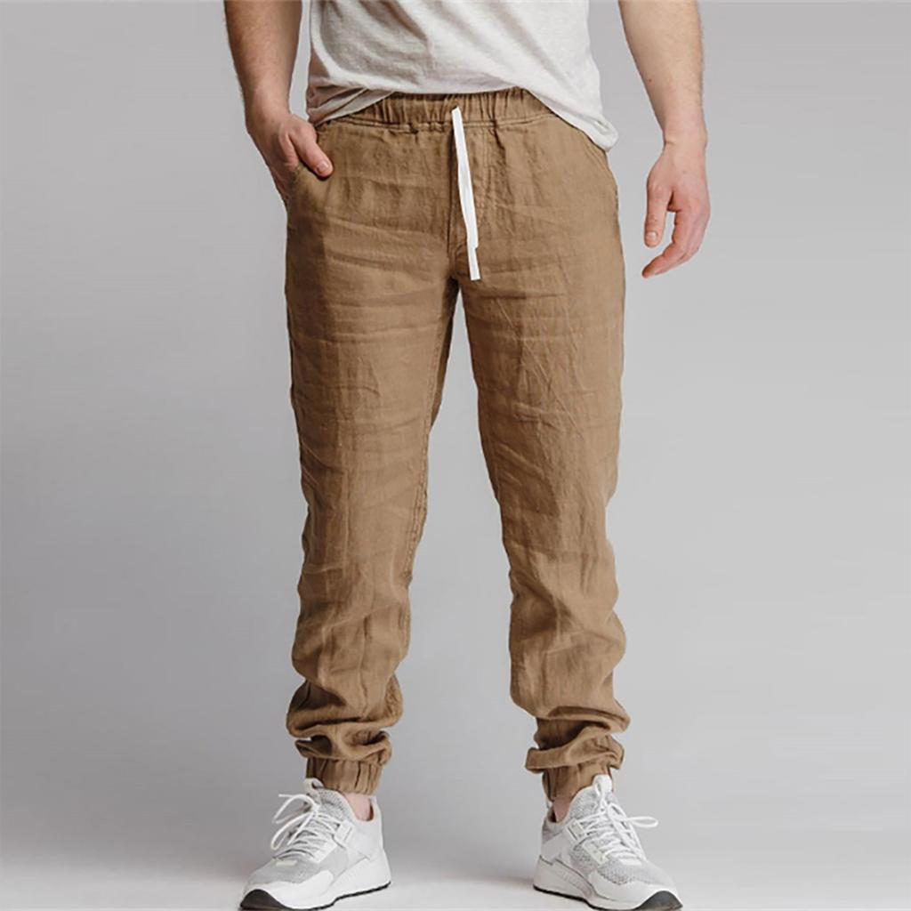 Новые мужские однотонные спортивные повседневные дышащие брюки из хлопка и льна со шнурком