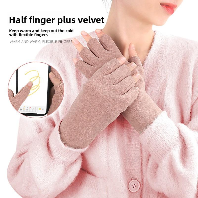 Winter German Velvet Half-finger Gloves Driving Office Wrist Fit Solid Color Half-finger Leakage Velvet Thermal Gloves