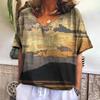Summer Women's T-shirt Landscape V-neck T Shirt Ladies Fashion Short Sleeve Tops Retro Streetwear Fashion Clothes Female Casual