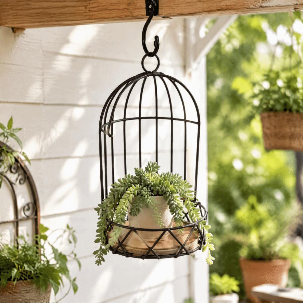 Iron Frame,Wooden Board Birdcage Planter Stand Vintage Bird Cage Table Decor  Festival Ornament