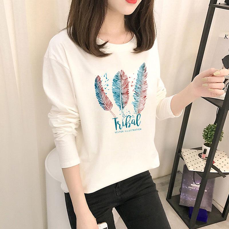 Осень 2023 г. Корейские топы с рисунком - женские футболки с длинными рукавами в однотонных цветах