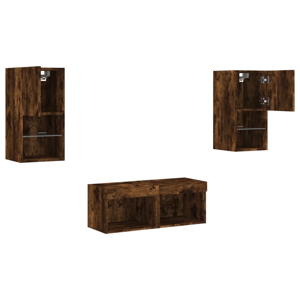 4 piece TV wall unit with LED lights smoked oak