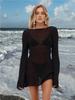 Summer Seaside Women's Solid Knit Mini Dress 2025 Sexy Backless Bell Sleeve See Through Short Dress Beach Swimsuit Cover Up K98