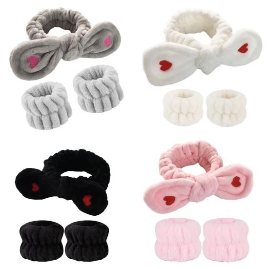 2 шт./компл., женская повязка на голову для спа, набор браслетов, декор с бантом, фланелевая повязка для мытья лица, повязка для волос для душа, водонепроницаемый набор браслетов