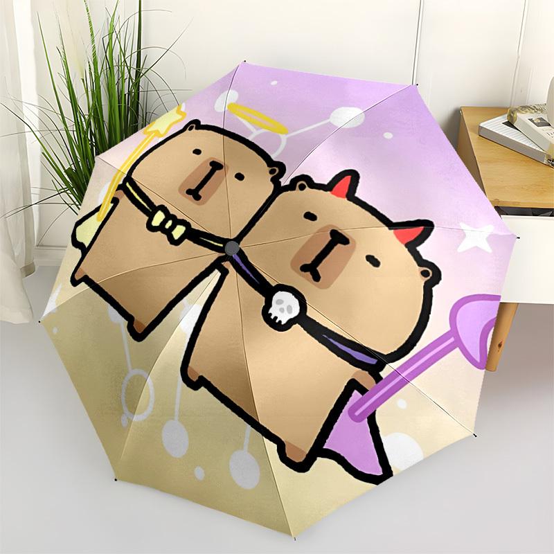 1pc Angel, Devil Capybara Automatic Umbrella - Stylish, Durable, with 8-Rib Manual Open Design, Elegant Black Handleyy250920222