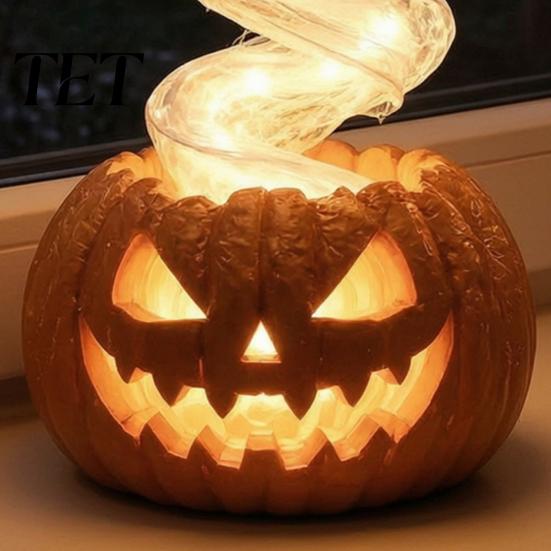 Spooky Desk Sculpture for Home Ghost Pumpkin Yard Lamp, Halloween Resin Figurine with Warm LED Light, Decorations Swirling on Base, Tabletop