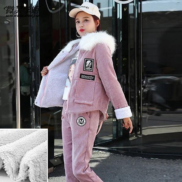 Женский зимний костюм, осенняя студенческая вельветовая куртка из овечьей шерсти, бархатный утолщенный повседневный комплект из двух предметов с капюшоном, пальто