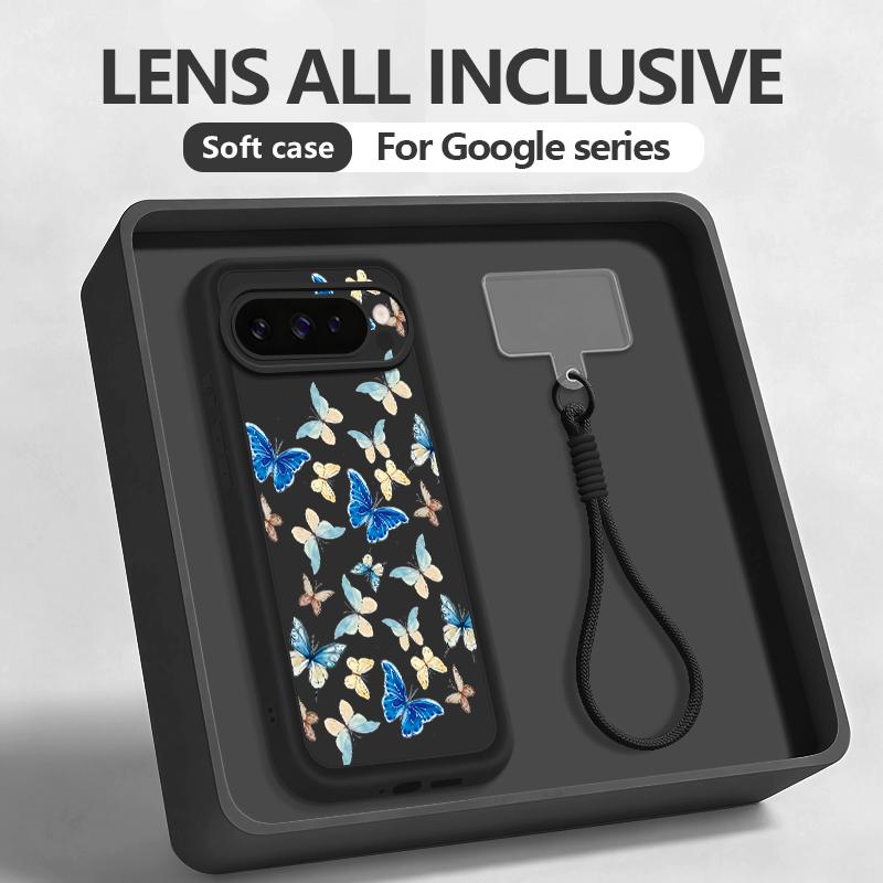 Blue Butterfly Patterned TPU Phone Case For Google Pixel 10 9 Pro XL 10 9 Pro Pixel 8A 7A 8 7 Pro 9A Soft Silicone Lanyard Cover