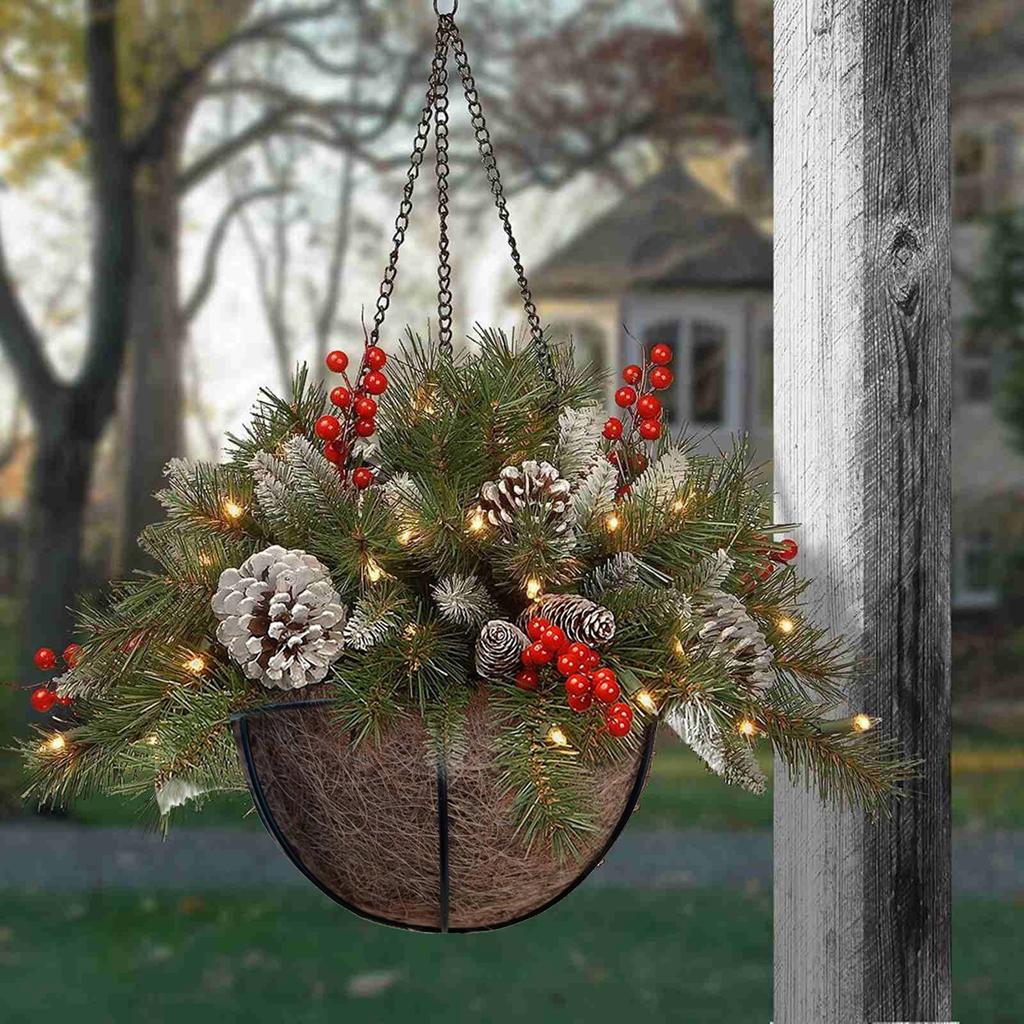 Christmas Wreath Mixed Decorations And White Led Lights Frosted Berries