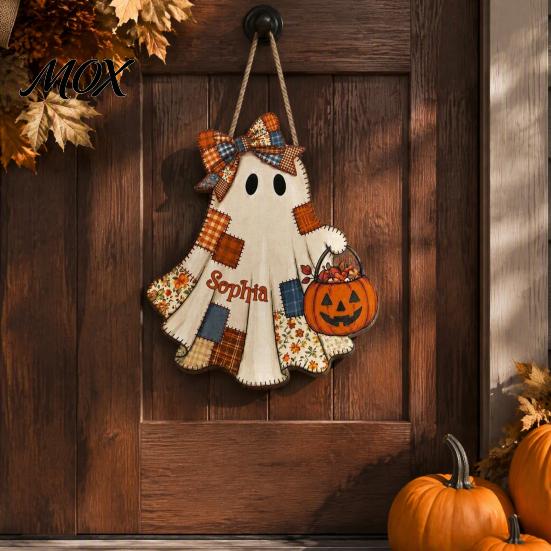 Funny Ghost Gift for Friends Halloween Wooden Patchwork Pendant, Vintage Autumn Harvest Hanging Sign, Cute Retro Ornament Walls Pendant with Rope Home