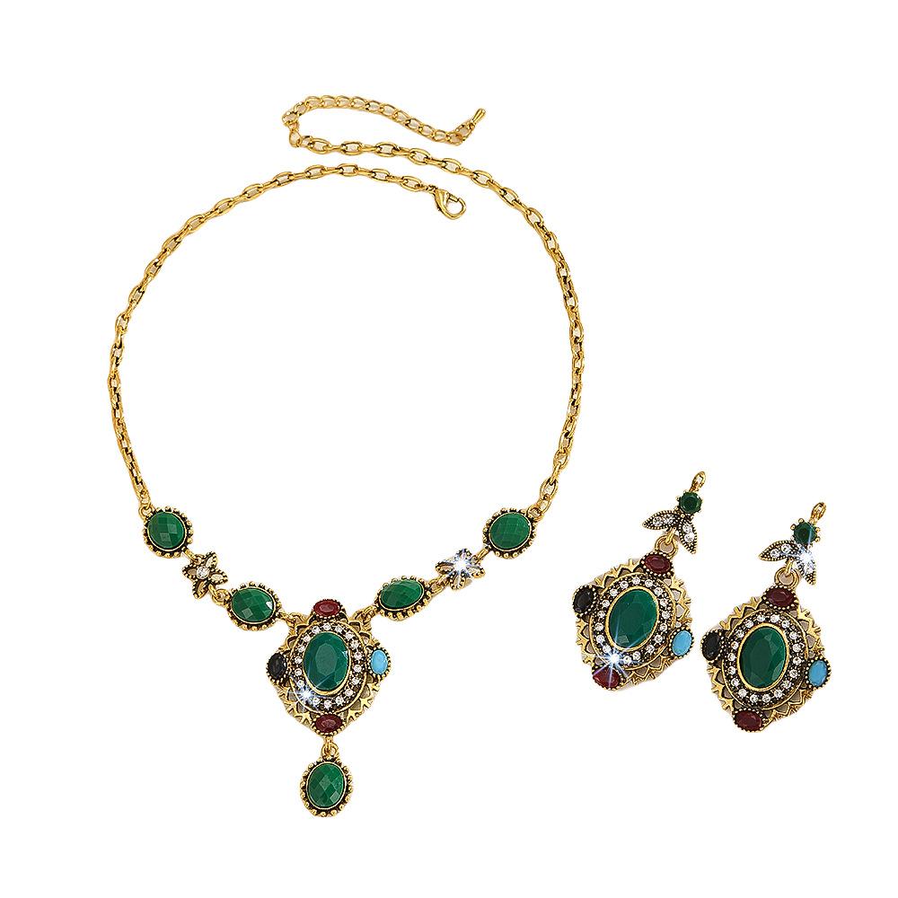 Vintage High-end Bohemian Colored Resin Alloy Necklace Earrings Two-piece Decoration