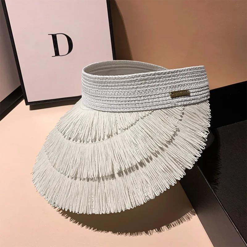 Women's Summer Open Top Sun Hat Fringe Straw Hat UV Protection Outdoor Beach Parma Designer Fashion Brand Sun Hat
