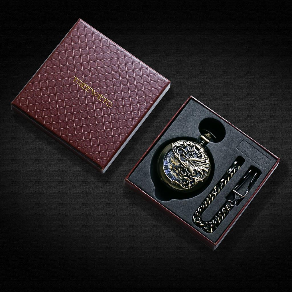 TREEWETO Механические карманные часы со скелетоном и цепочкой, ручной завод, двусторонняя крышка, кружево с драконом