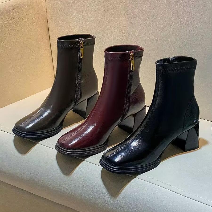 Внешняя торговля французский квадратный носок толстый каблук короткие ботинки 2024 новые ретро мода тонкие ботинки короткие маленькие одинарные ботинки