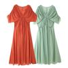 Kaslead New Women Clothes Western Style Two Colors Pleat V-neck Design Sense Dress 2627219