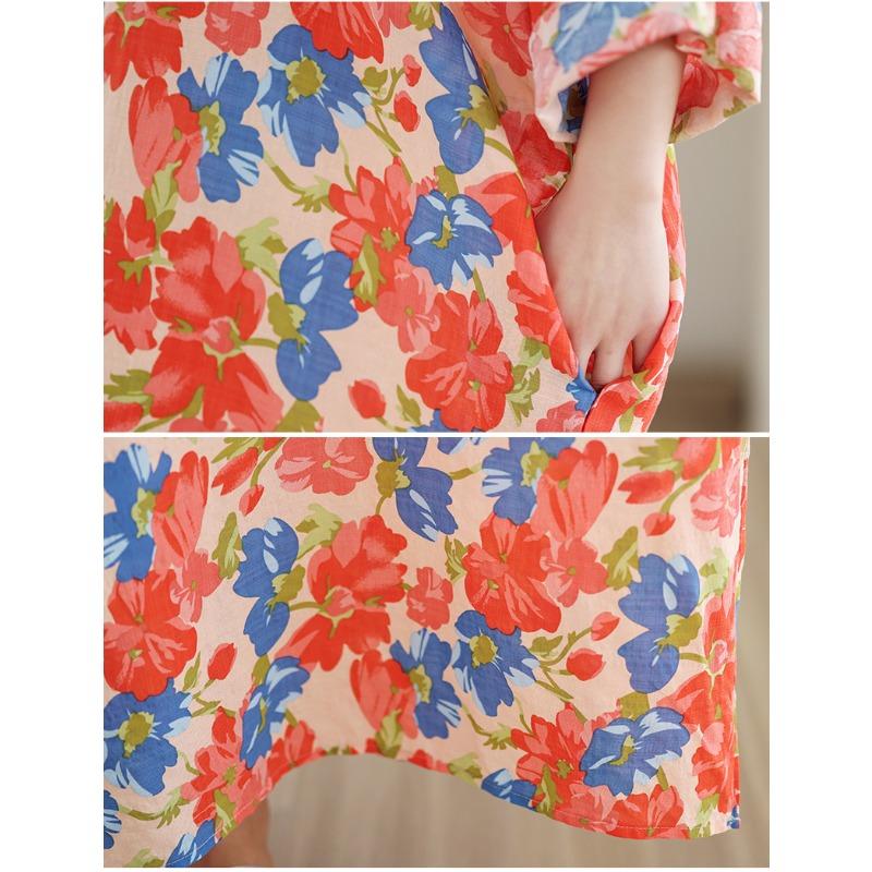 Dimanaf 2025 Women Spring Loose Dress Plus Size Basic Beach Printing Floral Casual Long Vintage Linen Dress