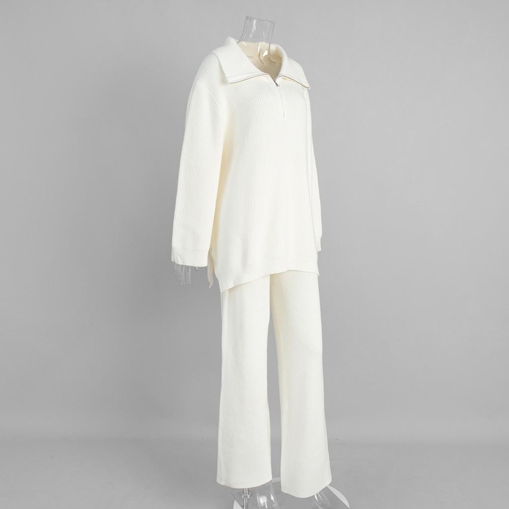 Новый женский вязаный костюм на осень-зиму 2025 года с воротником на молнии, длинными рукавами и брюками палаццо для Европы и Америки