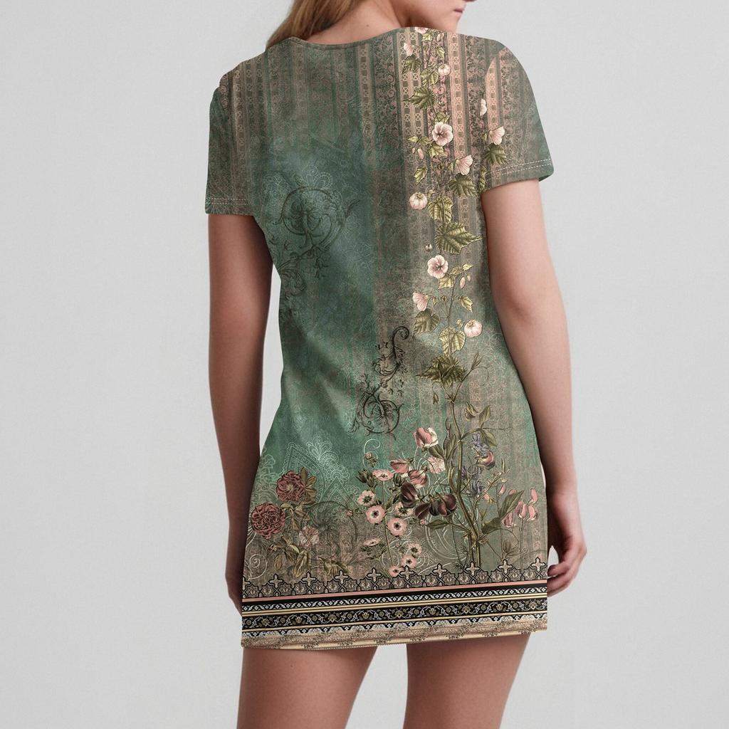 Ladies' Casual And Fashionable V-neck Short Sleeve Printing Mid Length Dress