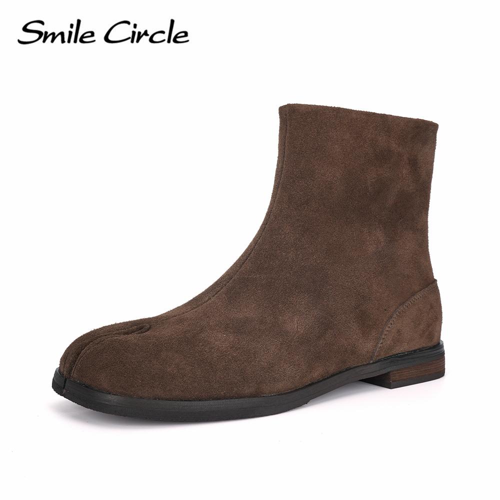 Women Lambskin Tabi Ninja Boots Leather Low Heel Ankle Boots for Women Autumn Winter Split Toe Shoes