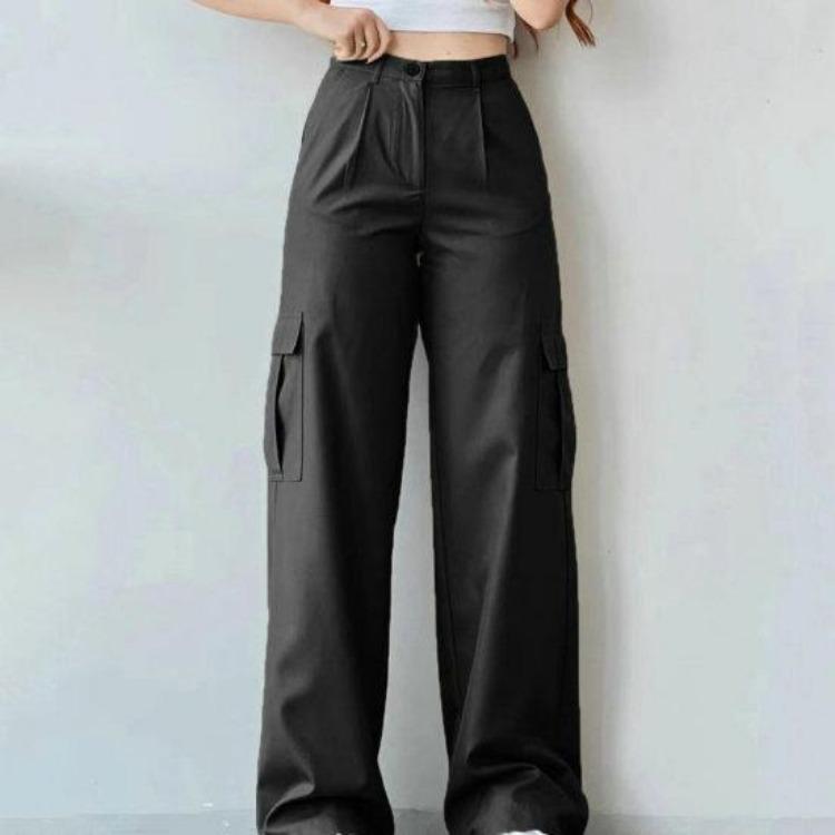 Loose Fit Straight Leg Cargo Pants Women Casual Trousers Mid Rise Waist with Zipper Button Multi Pockets Solid Color Long Pants