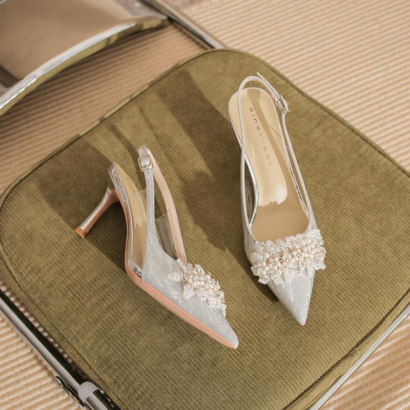 7520-3 [овчина] туфли на высоком каблуке женские тонкий каблук 2025 новый заостренный хрустальные свадебные туфли сумка голова жемчужные сандалии