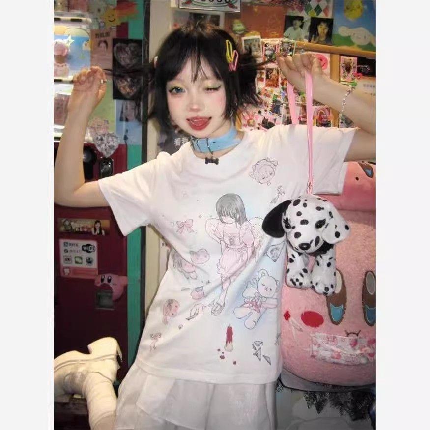 Kawaii Sweet Streetwear Футболки женские японские модные Y2k Графический принт ангела O-образный вырез Свободные футболки Топы Мягкие летние для девочек