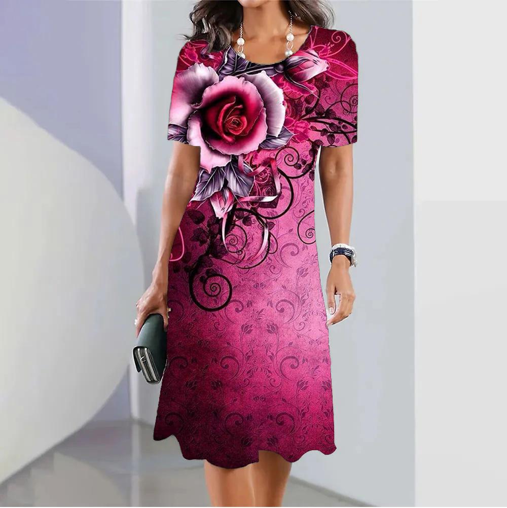 Модное женское свободное платье-трапеция с принтом ежевичных роз и коротким рукавом с круглым вырезом и принтом листьев