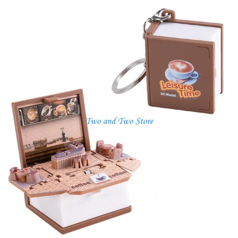 HX6F 3D Folding Popup Book Keychain Children's Science Puzzle Novelty Mini Dinosaur Keyring Bag Decoration Handheld Kids Toy