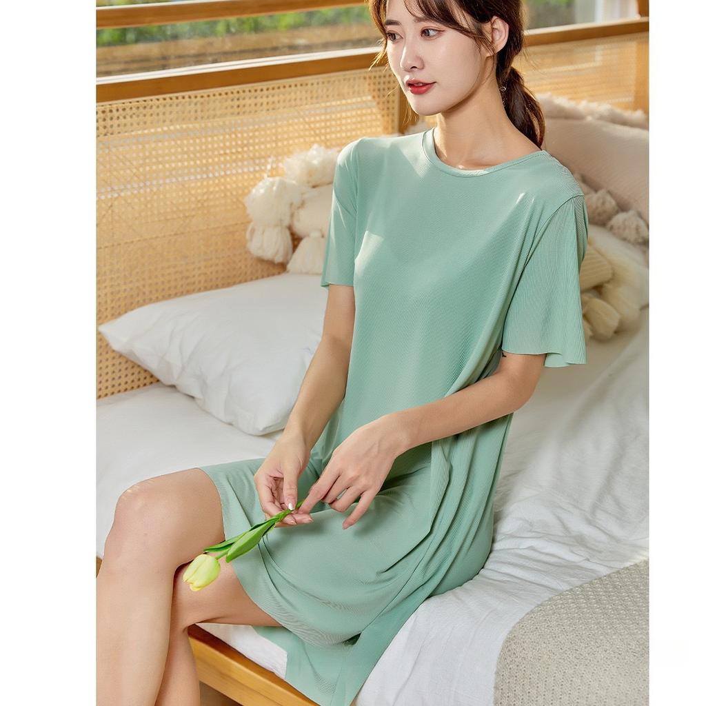 Однотонная домашняя ночная сорочка из ледяного шелка свободного кроя с круглым вырезом для весны и лета