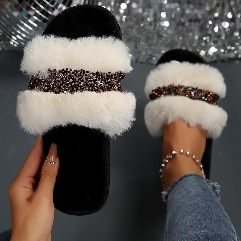Fashion Luxury Women's Fluffy House Slippers Bling Crystal Decor Faux Fur Slides Woman Autumn Winter Open Toe Non Slip Plush Slippers