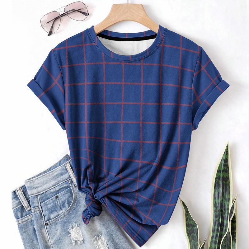 Striped Casual Sports Women's T-shirt Summer Round Neck Short Sleeved Element Pattern Checkered Loose Fit T-shirts