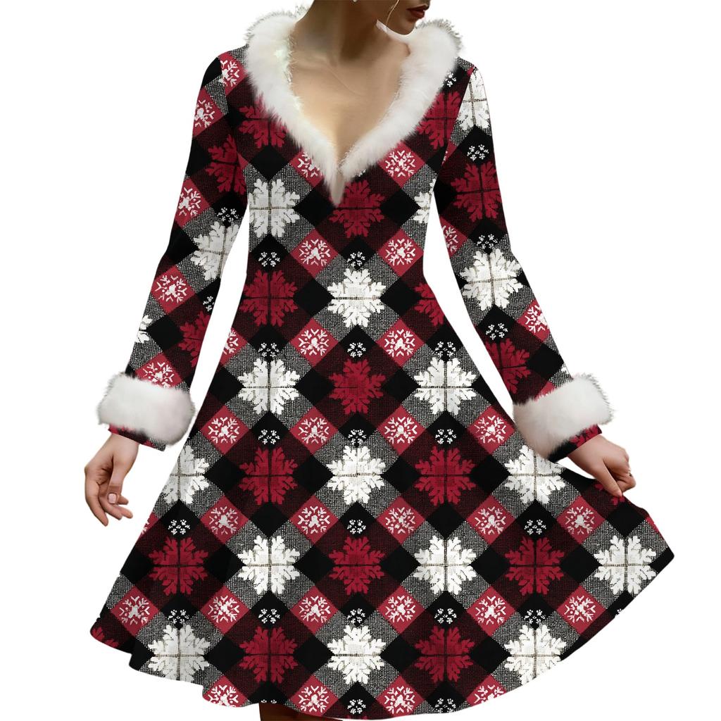 Женское повседневное платье с V-образным вырезом, рождественским принтом, плюшевыми длинными рукавами