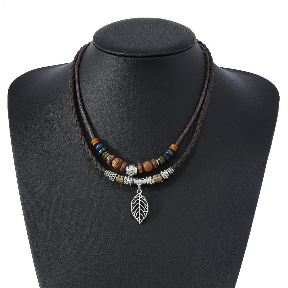 Butterfly-shaped Wooden Beaded Double-layer Necklace, Women's Retro-style Woven Rope Collarbone Chain
