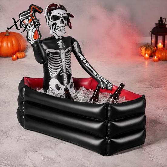 Funny Halloween Gifts for Friends Inflatable Skull Ice Bucket, Pirate Skeleton Drink Cooler Party, Leakproof Events Thickened PVC Portable Beverage